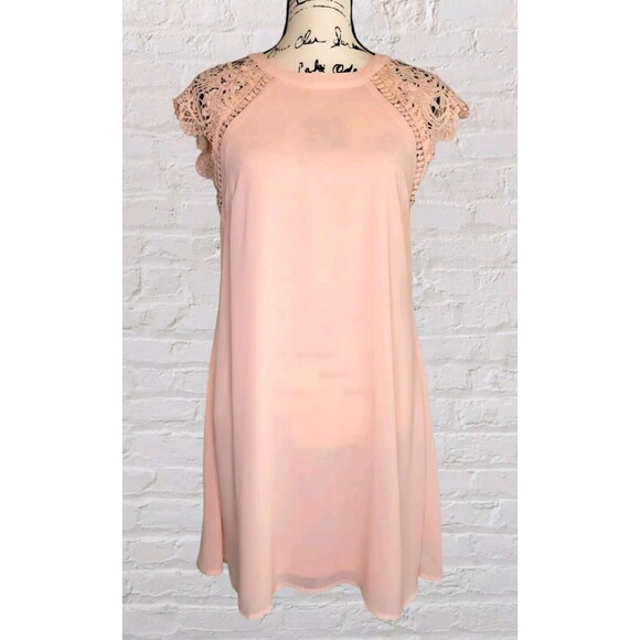Andree by Unit Pink Lace Sleeve Chiffon Overlay Mini Dress Womens MED Elegant - Picture 1 of 5